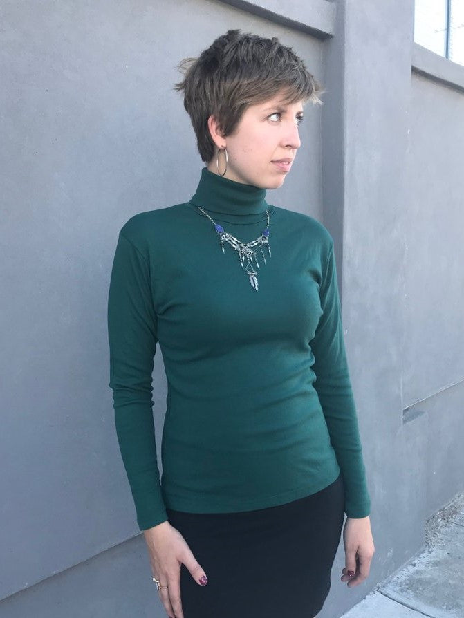Rachel in the medium turtleneck (forest green - previous season)