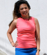 Boatneck Tank - Coral Pink, model wears a medium. Color no longer available.