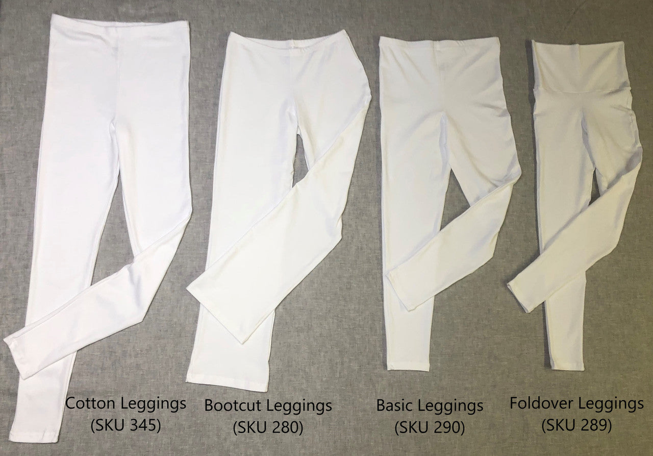 Different types of leggings, for comparison (note waist and cuff details in particular).