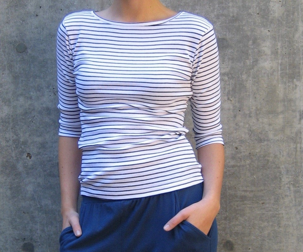 3/4-Sleeve Striped Boatneck - White